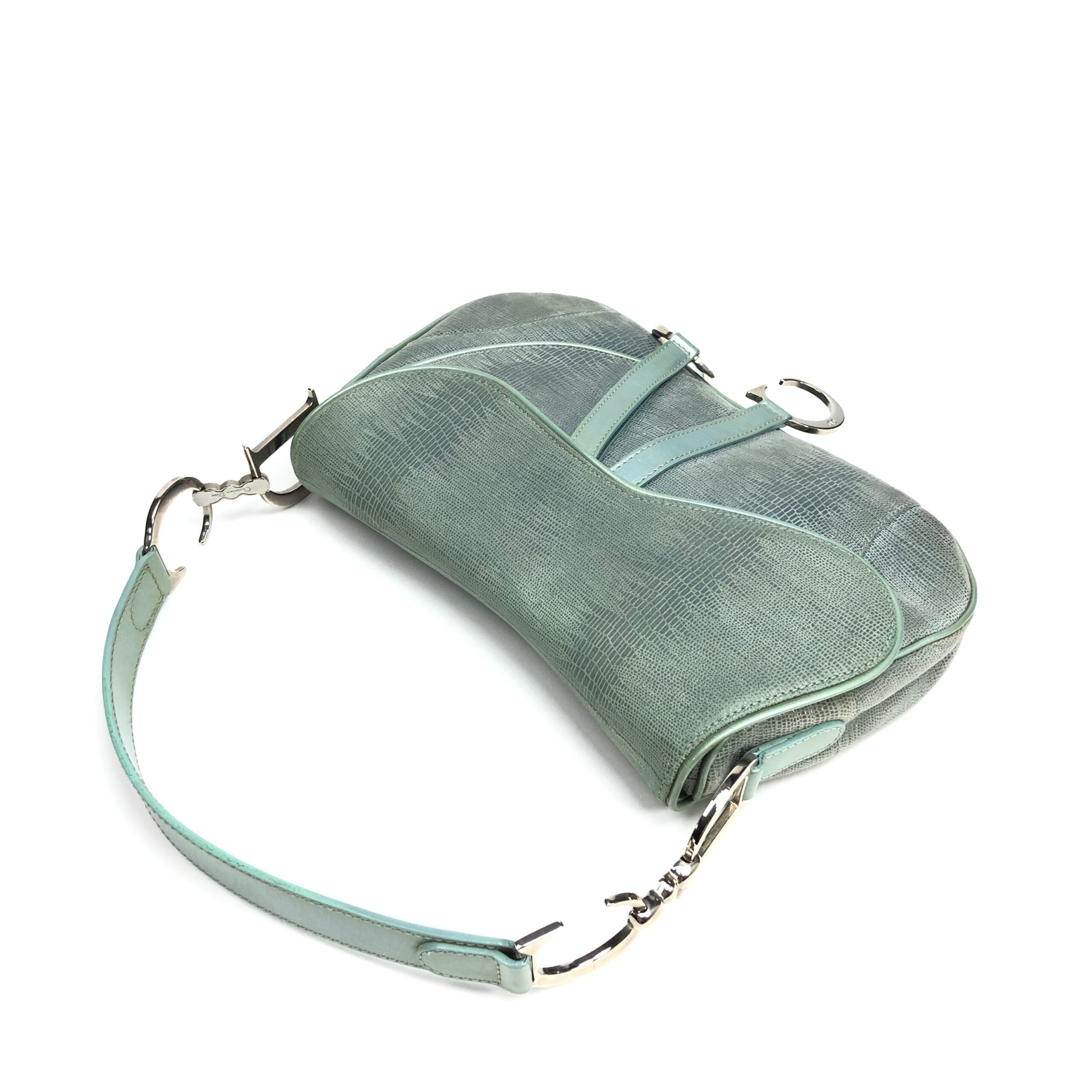 CHRISTIAN DIOR EXOTIC SOFT LIZARD LEATHER DOUBLE SADDLE BAG IN DUCK EGG BLUE