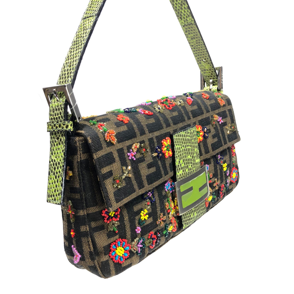 FENDI ZUCCA FLORAL BEADED BAGUETTE BAG WITH EXOTIC LIZARD DETAILING