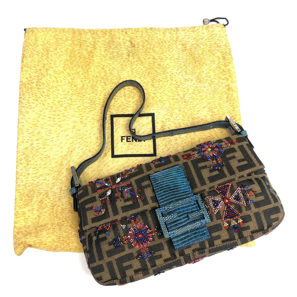 FENDI ZUCCA FLORAL BEADED BAGUETTE BAG WITH EXOTIC LIZARD DETAILING