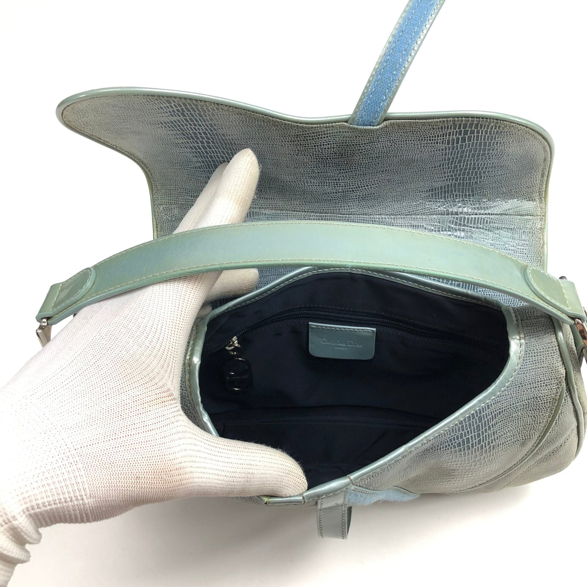 CHRISTIAN DIOR EXOTIC SOFT LIZARD LEATHER DOUBLE SADDLE BAG IN DUCK EGG BLUE