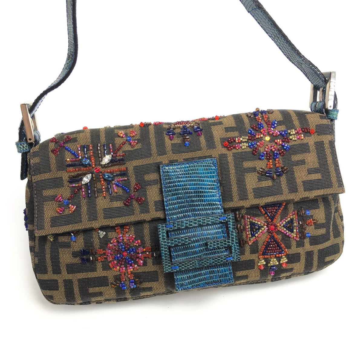 FENDI ZUCCA FLORAL BEADED BAGUETTE BAG WITH EXOTIC LIZARD DETAILING