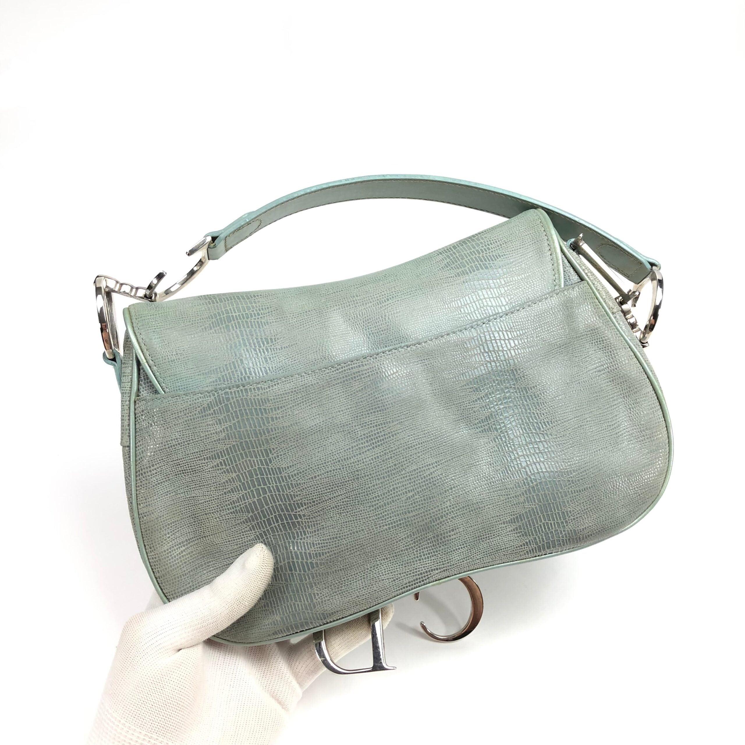 CHRISTIAN DIOR EXOTIC SOFT LIZARD LEATHER DOUBLE SADDLE BAG IN DUCK EGG BLUE