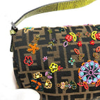 FENDI ZUCCA FLORAL BEADED BAGUETTE BAG WITH EXOTIC LIZARD DETAILING
