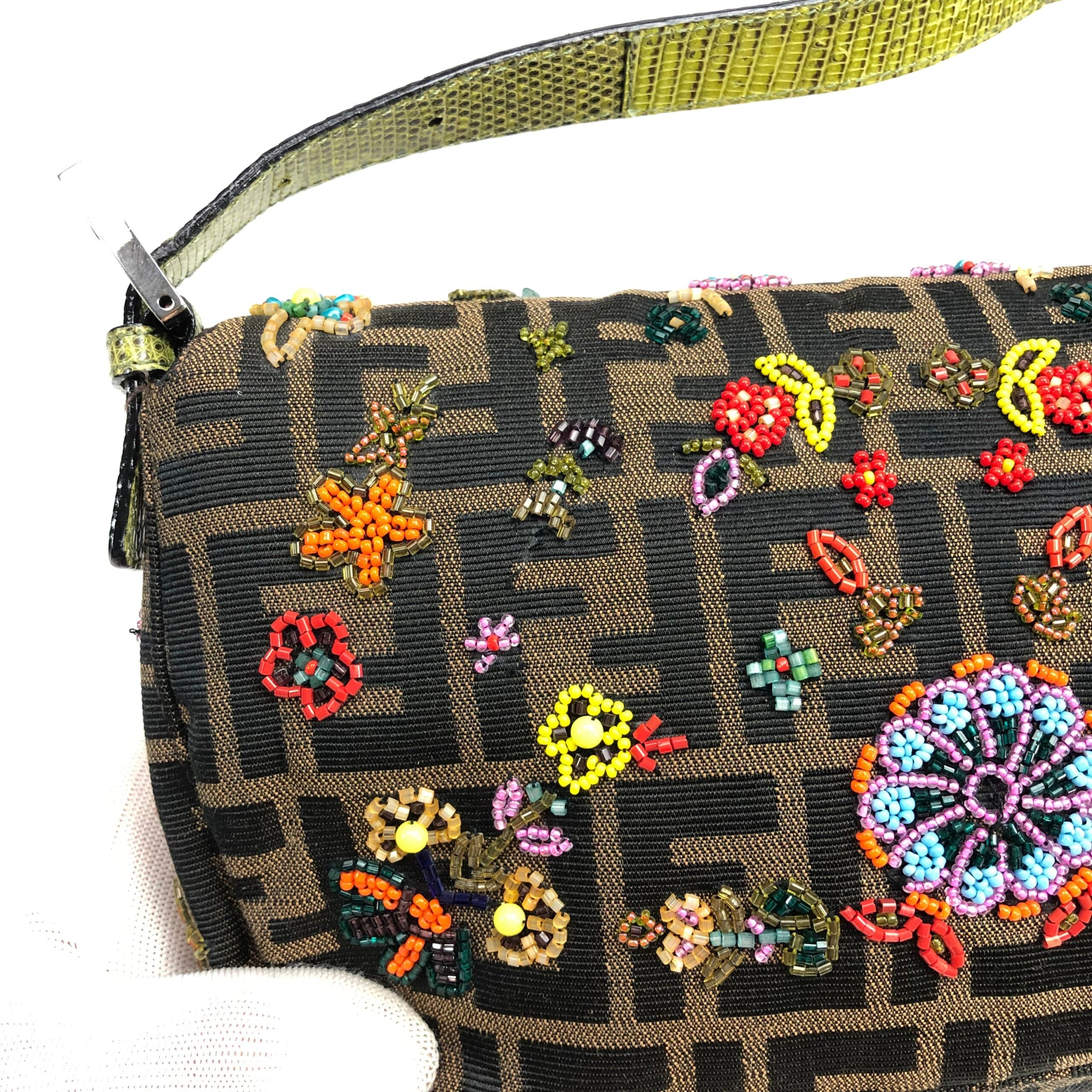 FENDI ZUCCA FLORAL BEADED BAGUETTE BAG WITH EXOTIC LIZARD DETAILING
