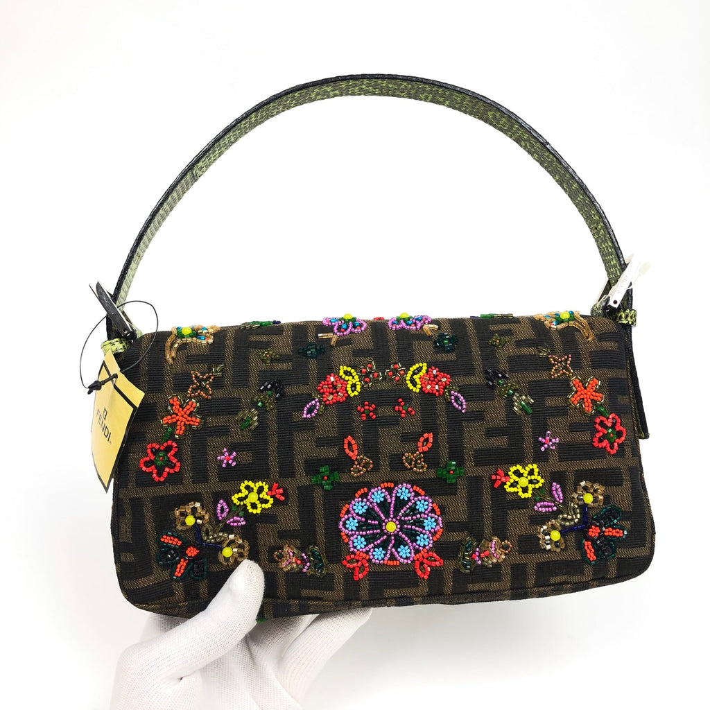 FENDI ZUCCA FLORAL BEADED BAGUETTE BAG WITH EXOTIC LIZARD DETAILING