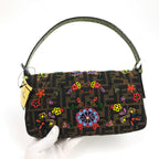 FENDI ZUCCA FLORAL BEADED BAGUETTE BAG WITH EXOTIC LIZARD DETAILING