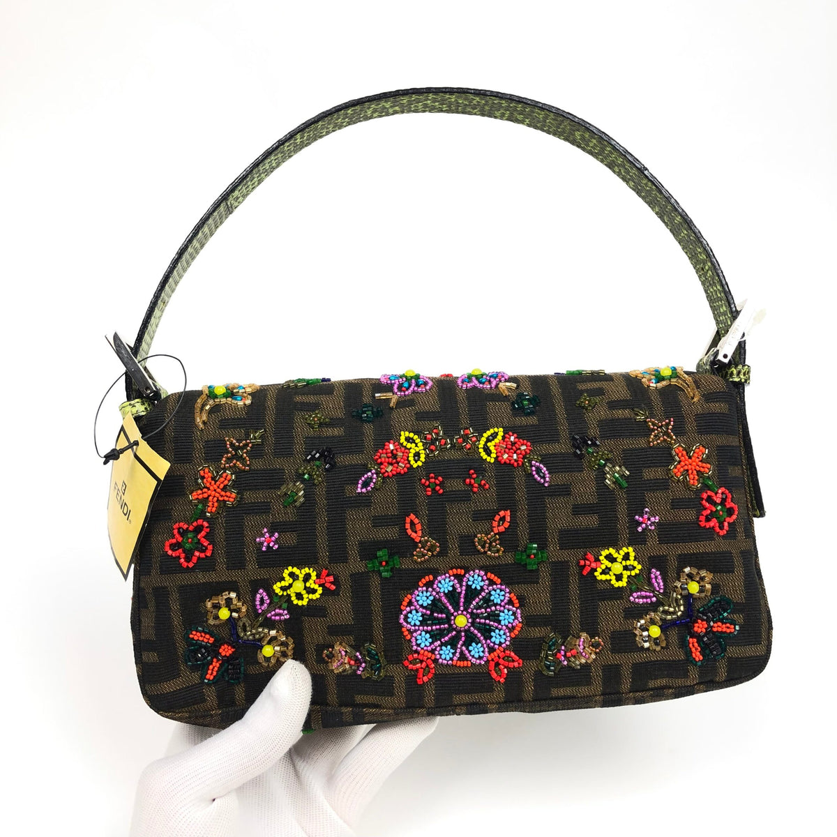 FENDI ZUCCA FLORAL BEADED BAGUETTE BAG WITH EXOTIC LIZARD DETAILING