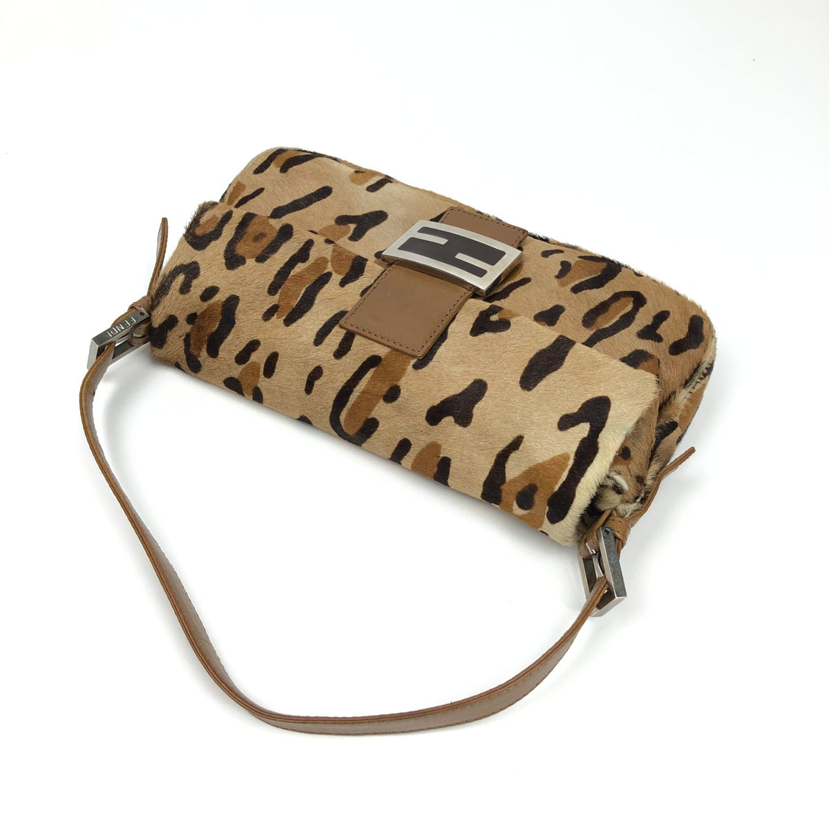 FENDI LEOPARD CALF HAIR BAGUETTE SHOULDER BAG