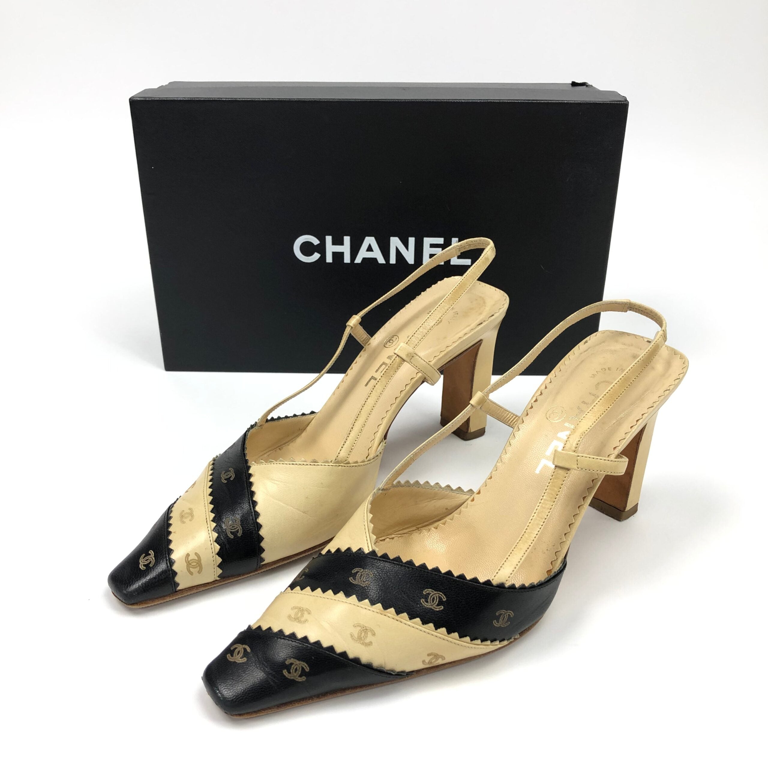 CHANEL LOGO SLING-BACK MULE HEELS