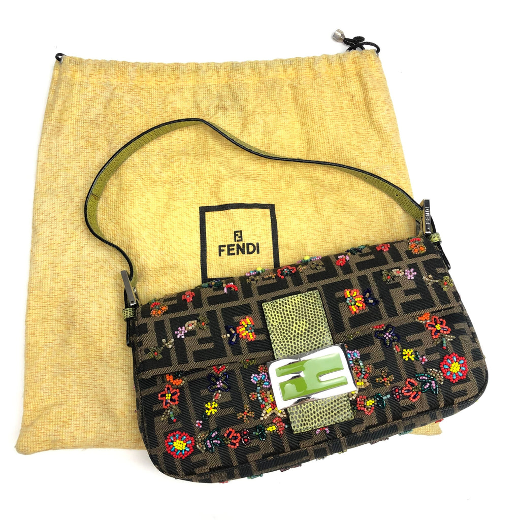FENDI ZUCCA FLORAL BEADED BAGUETTE BAG WITH EXOTIC LIZARD DETAILING