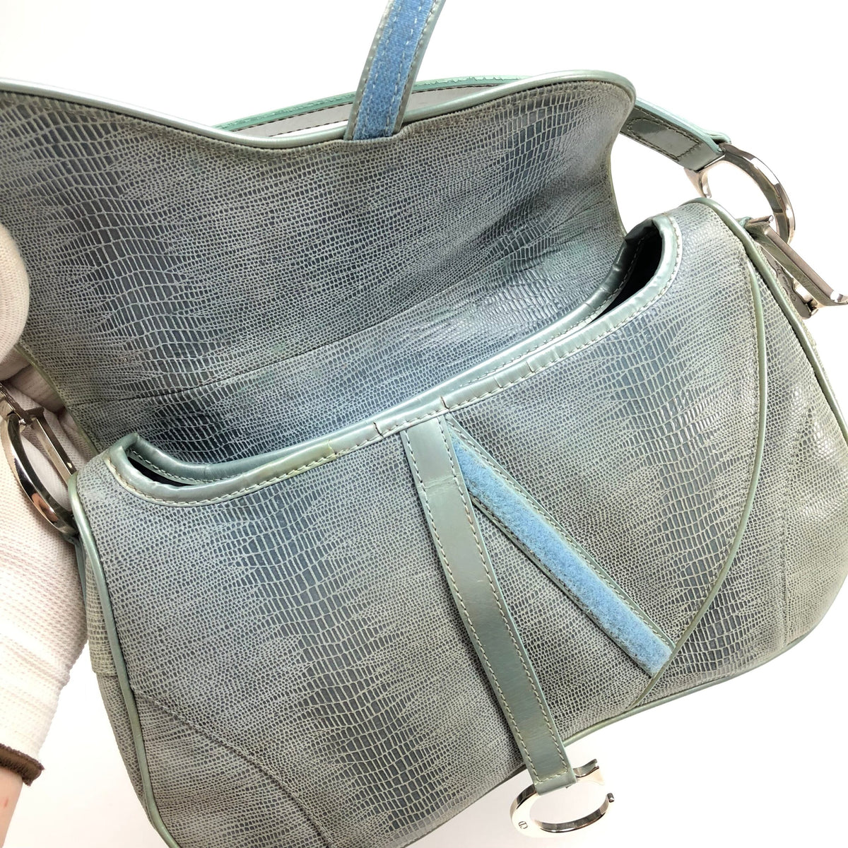 CHRISTIAN DIOR EXOTIC SOFT LIZARD LEATHER DOUBLE SADDLE BAG IN DUCK EGG BLUE