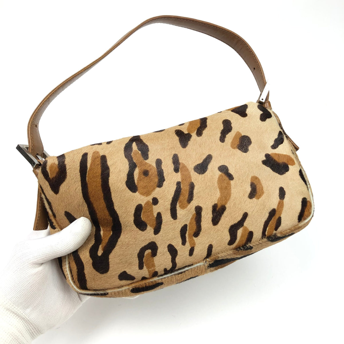 FENDI LEOPARD CALF HAIR BAGUETTE SHOULDER BAG