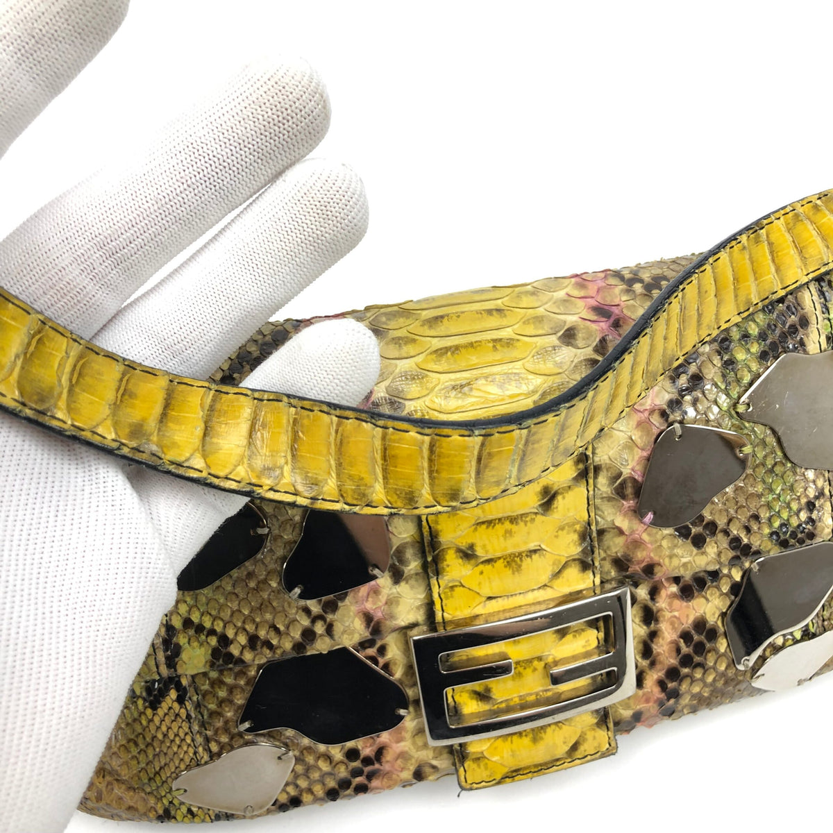 FENDI MULTI COLOUR PYTHON SNAKESKIN BAGUETTE SHOULDER BAG WITH METAL/MIRROR DETAILING