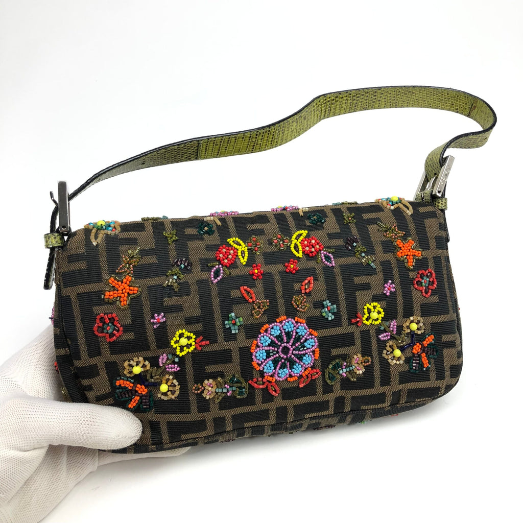 FENDI ZUCCA FLORAL BEADED BAGUETTE BAG WITH EXOTIC LIZARD DETAILING