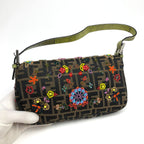 FENDI ZUCCA FLORAL BEADED BAGUETTE BAG WITH EXOTIC LIZARD DETAILING
