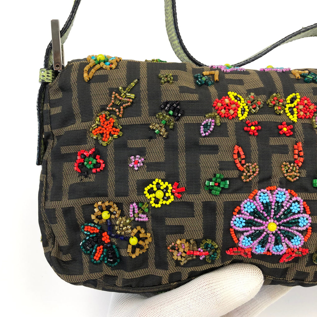 FENDI ZUCCA FLORAL BEADED BAGUETTE BAG WITH EXOTIC LIZARD DETAILING