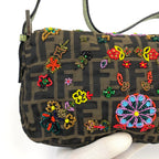 FENDI ZUCCA FLORAL BEADED BAGUETTE BAG WITH EXOTIC LIZARD DETAILING