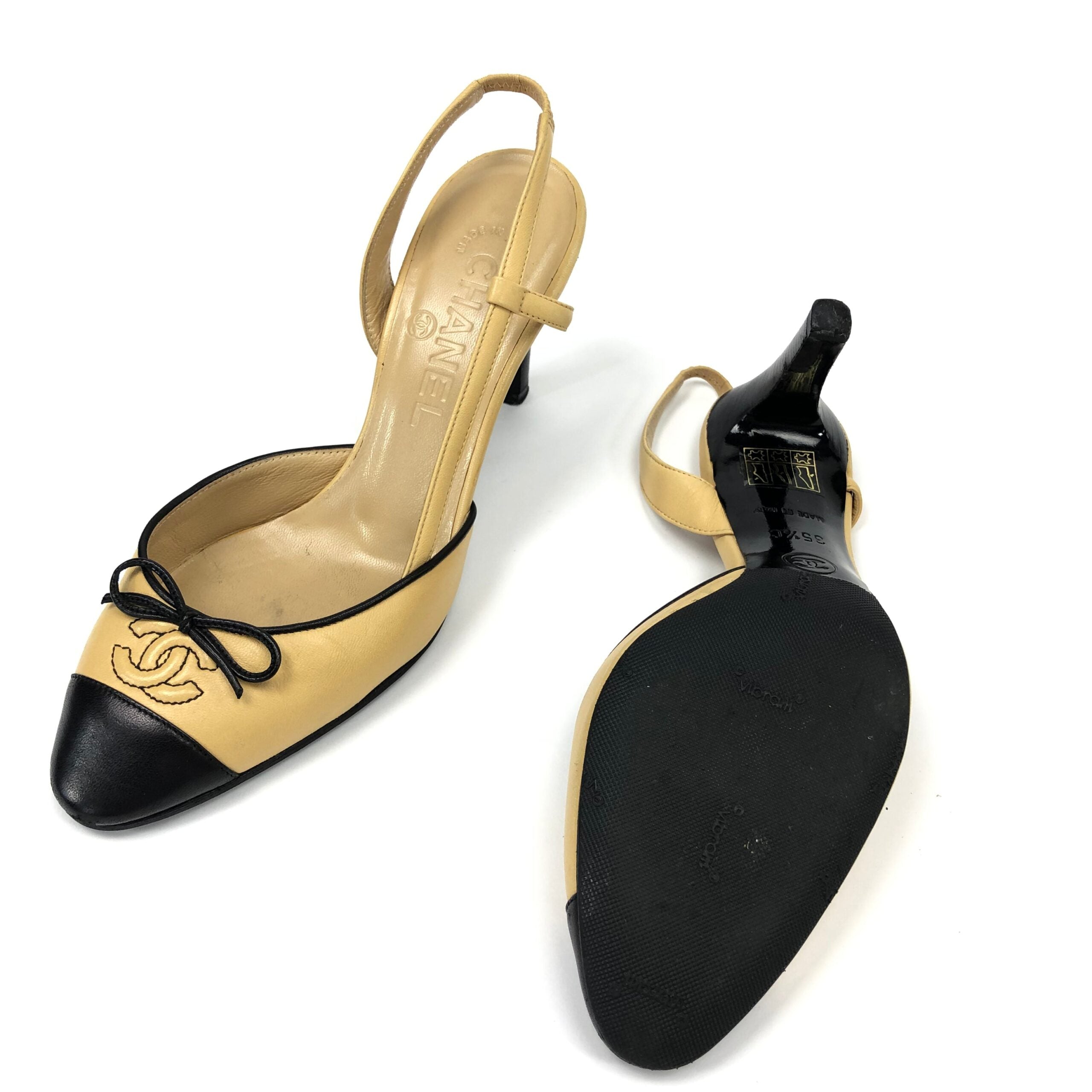 CHANEL LOGO BOW SLING-BACK MULE HEELS