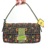 FENDI ZUCCA FLORAL BEADED BAGUETTE BAG WITH EXOTIC LIZARD DETAILING