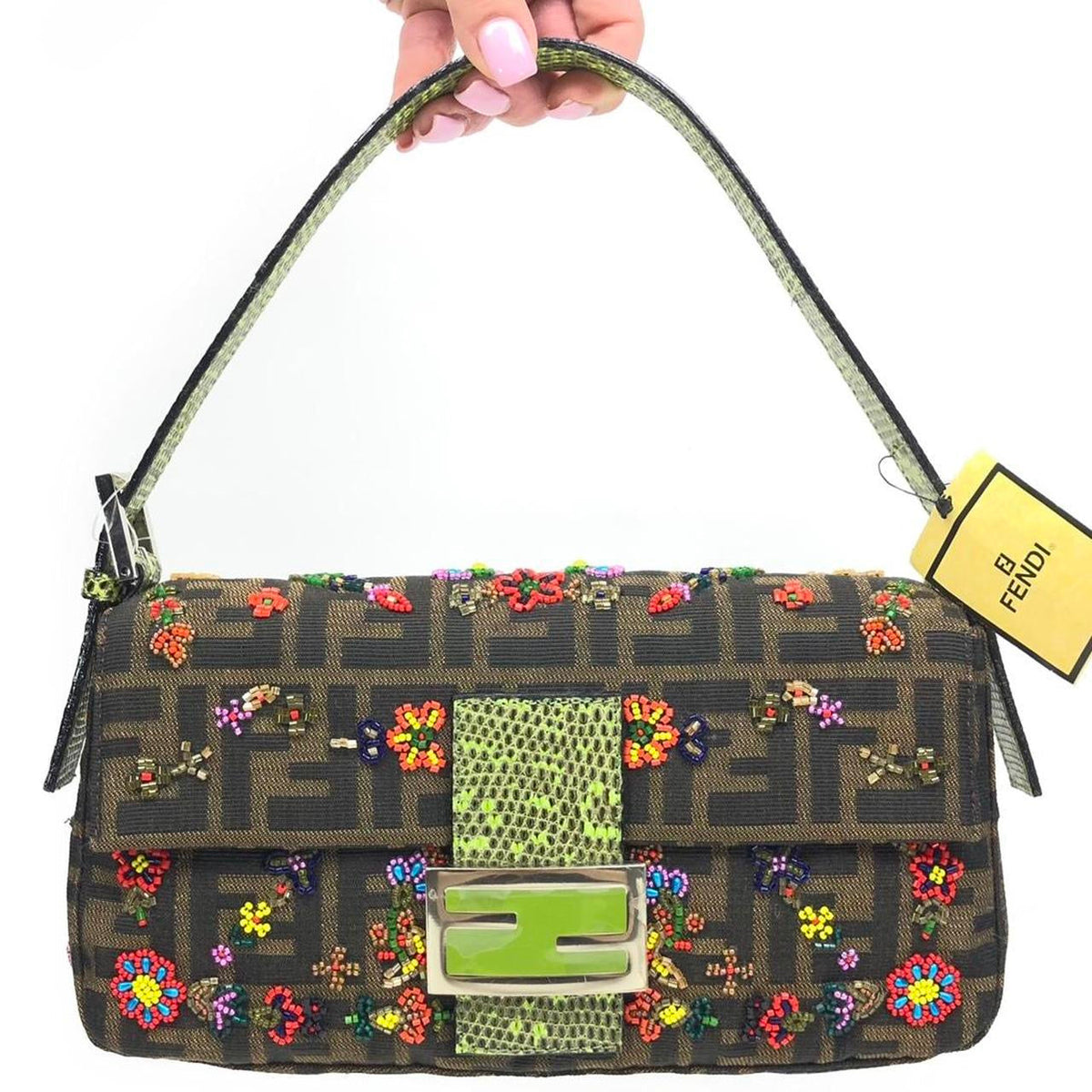 FENDI ZUCCA FLORAL BEADED BAGUETTE BAG WITH EXOTIC LIZARD DETAILING