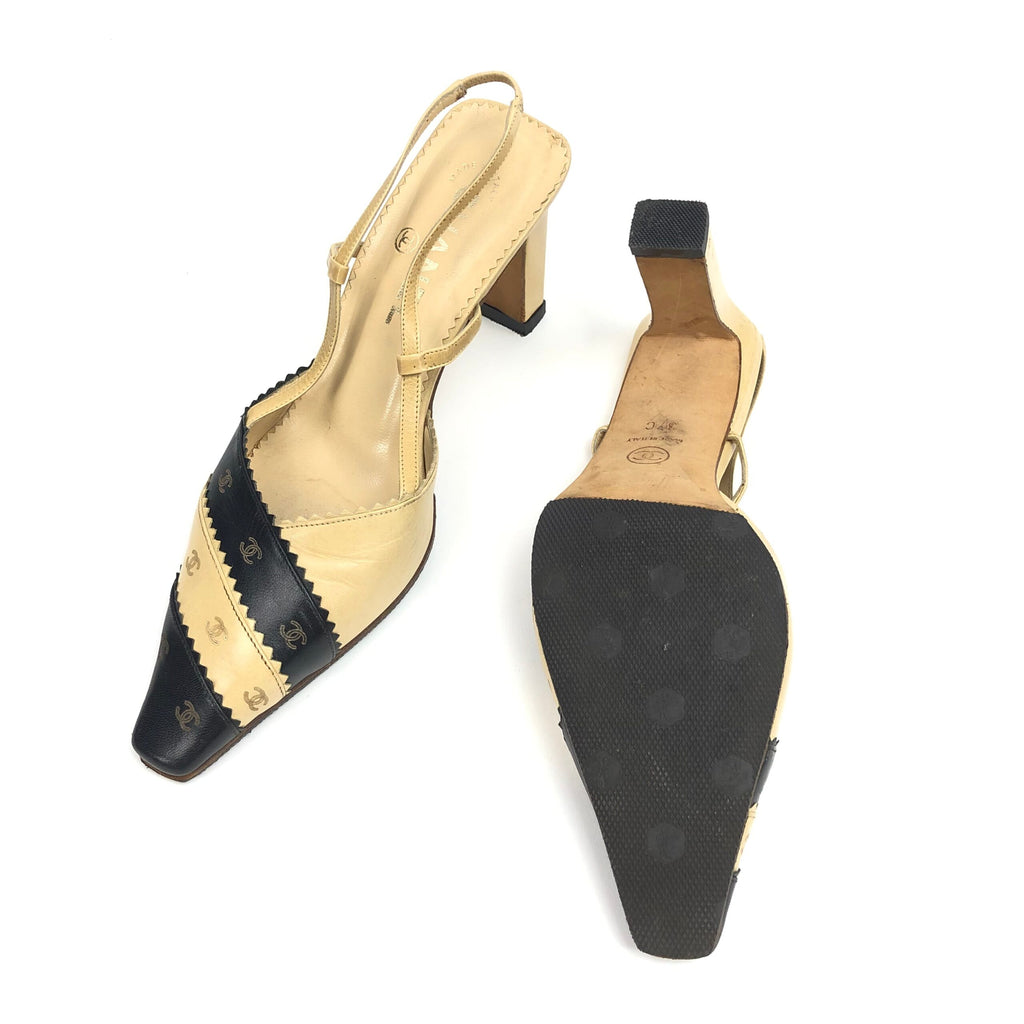 CHANEL LOGO SLING-BACK MULE HEELS -  UK 4, US 6, EU 37