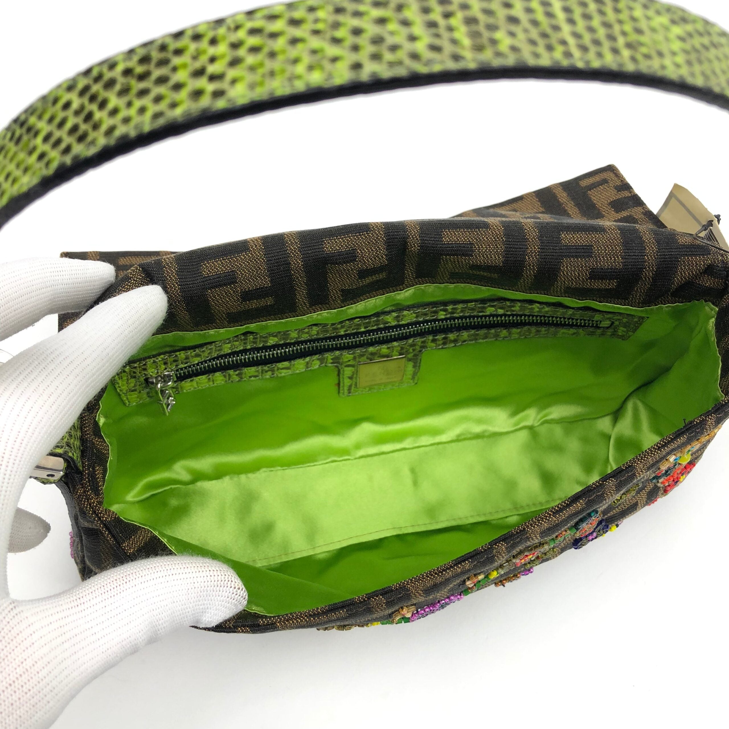 FENDI ZUCCA FLORAL BEADED BAGUETTE BAG WITH EXOTIC LIZARD DETAILING