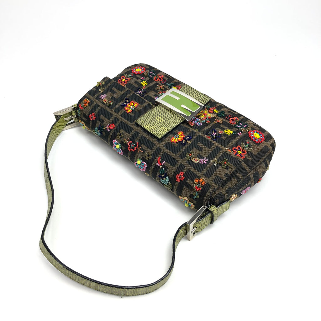 FENDI ZUCCA FLORAL BEADED BAGUETTE BAG WITH EXOTIC LIZARD DETAILING