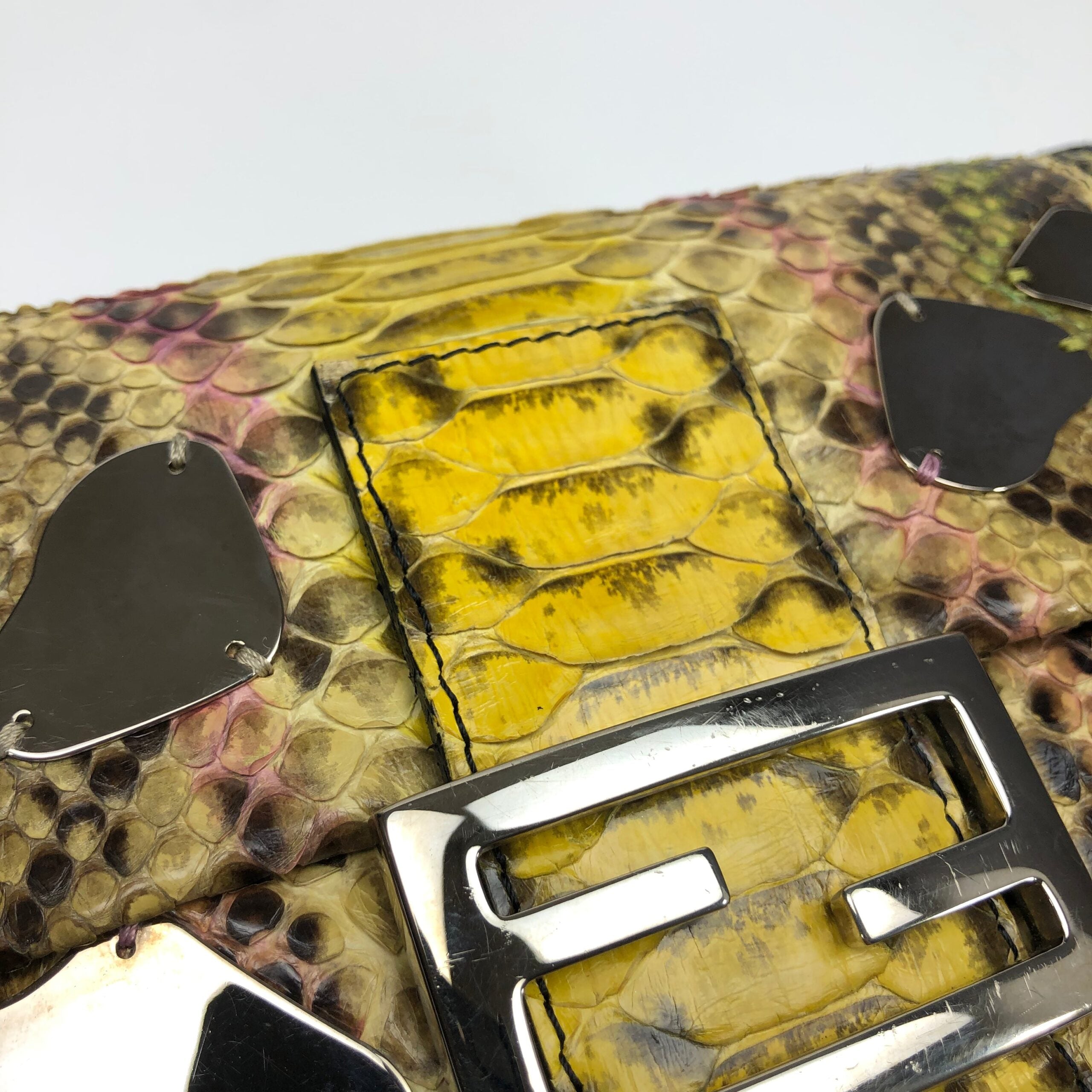 FENDI MULTI COLOUR PYTHON SNAKESKIN BAGUETTE SHOULDER BAG WITH METAL/MIRROR DETAILING