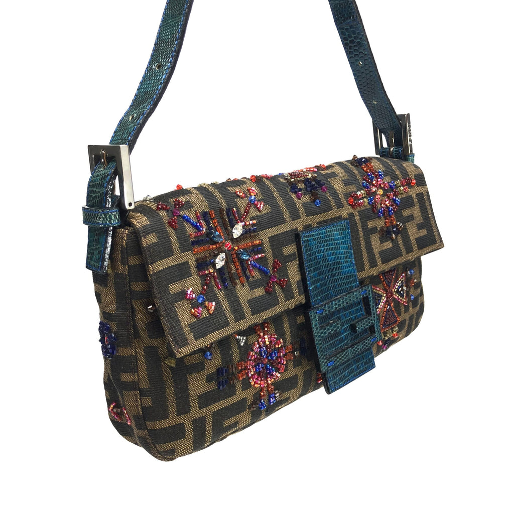 FENDI ZUCCA FLORAL BEADED BAGUETTE BAG WITH EXOTIC LIZARD DETAILING