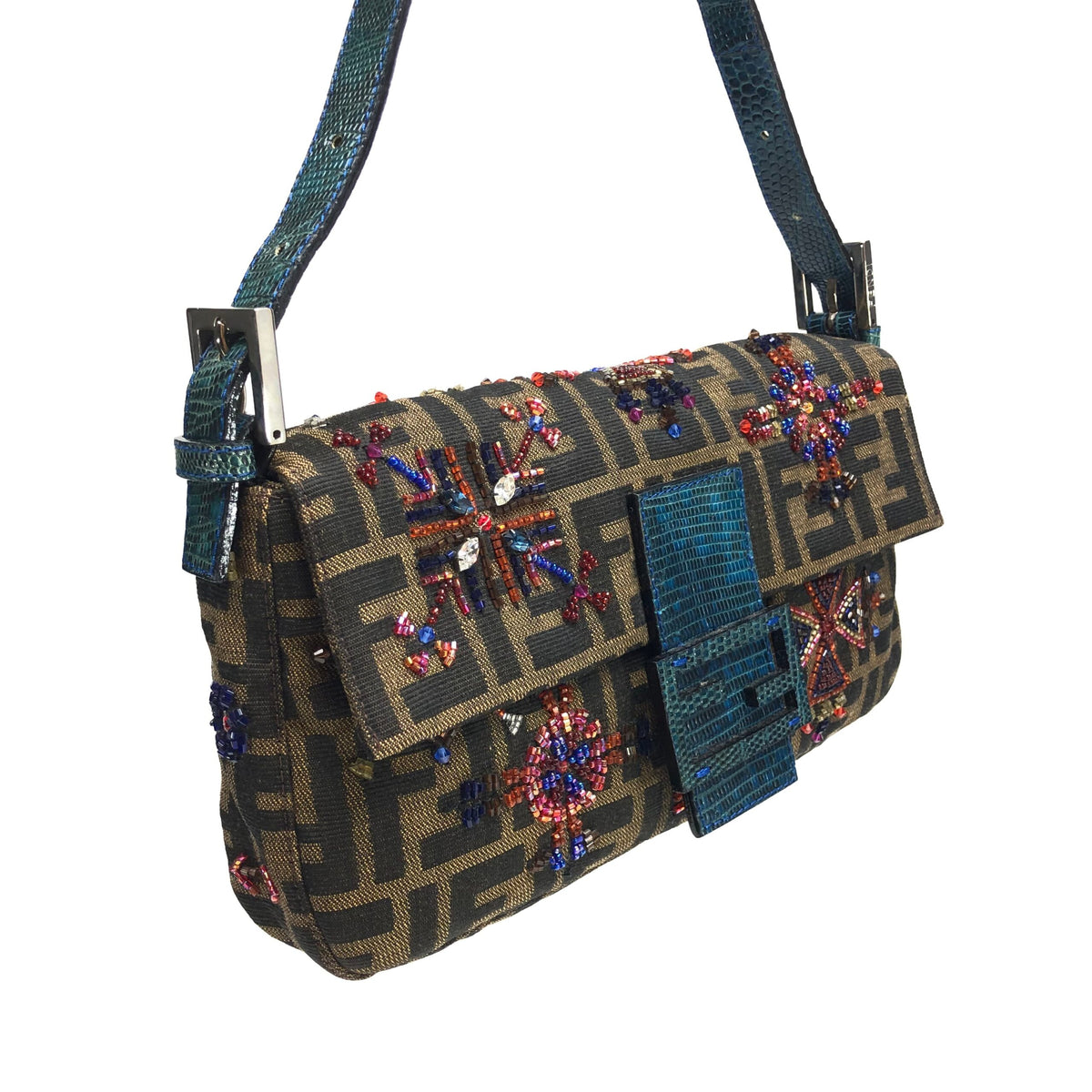 FENDI ZUCCA FLORAL BEADED BAGUETTE BAG WITH EXOTIC LIZARD DETAILING