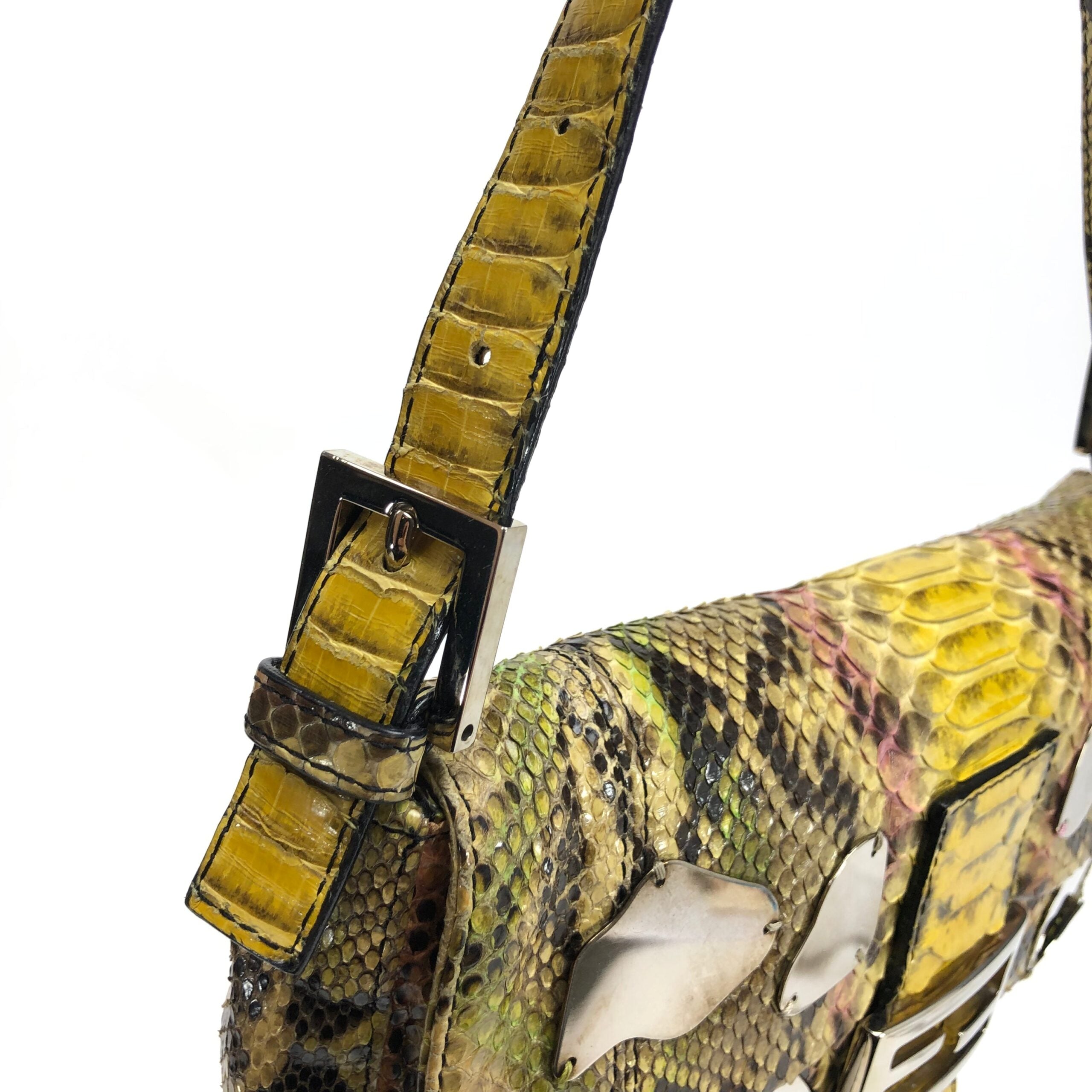 FENDI MULTI COLOUR PYTHON SNAKESKIN BAGUETTE SHOULDER BAG WITH METAL/MIRROR DETAILING