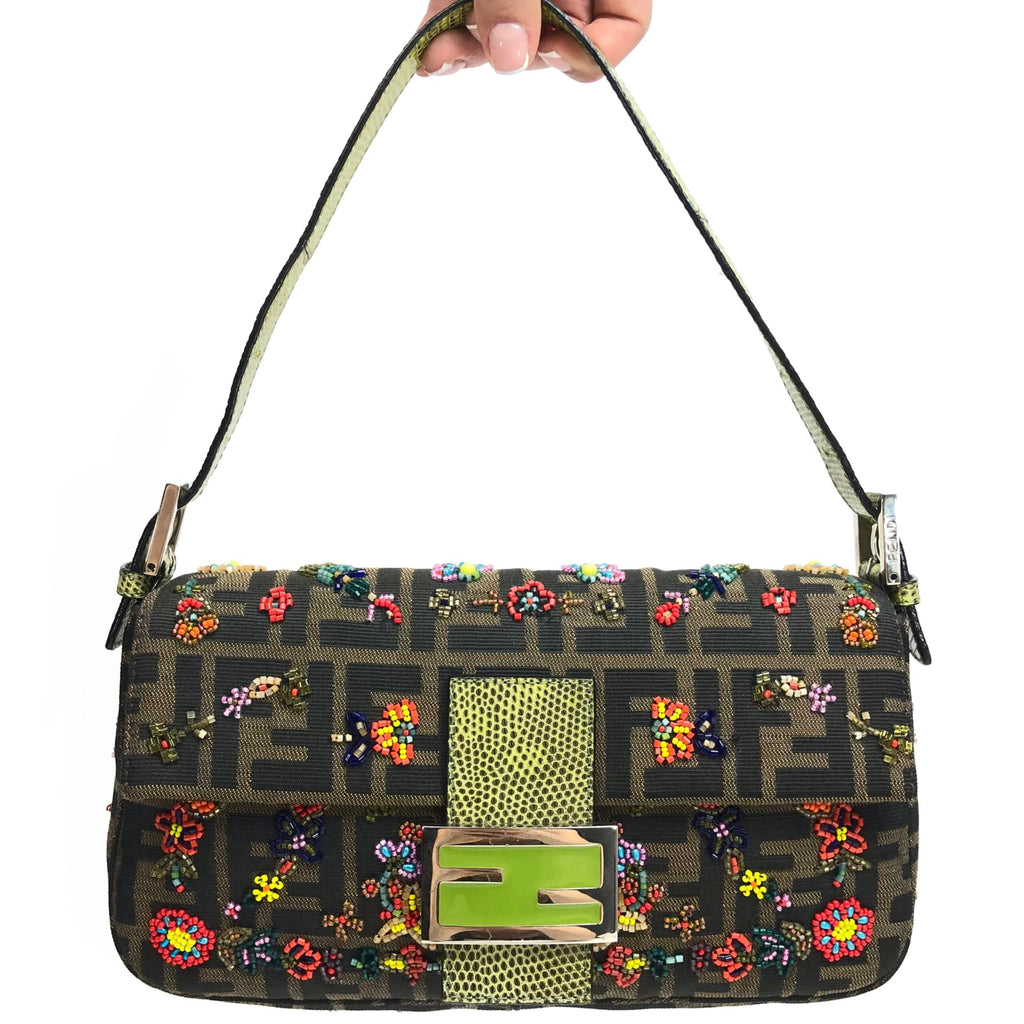 FENDI ZUCCA FLORAL BEADED BAGUETTE BAG WITH EXOTIC LIZARD DETAILING