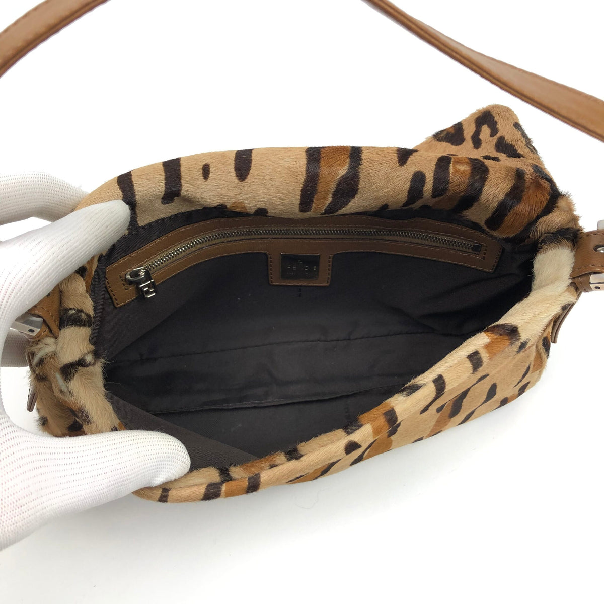 FENDI LEOPARD CALF HAIR BAGUETTE SHOULDER BAG