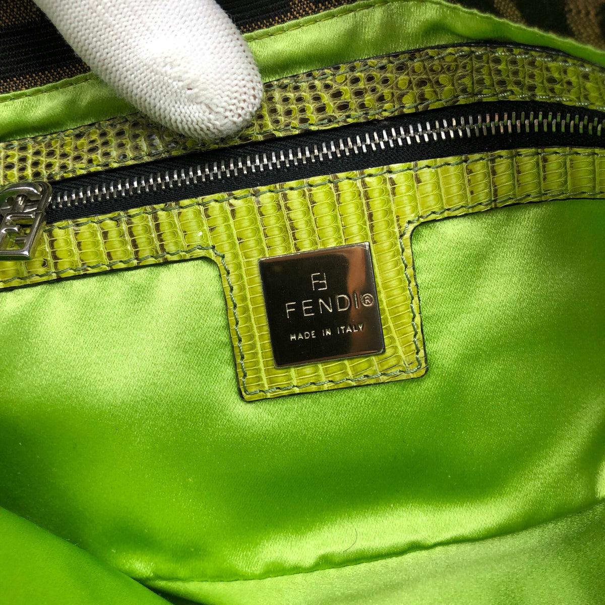 FENDI ZUCCA FLORAL BEADED BAGUETTE BAG WITH EXOTIC LIZARD DETAILING