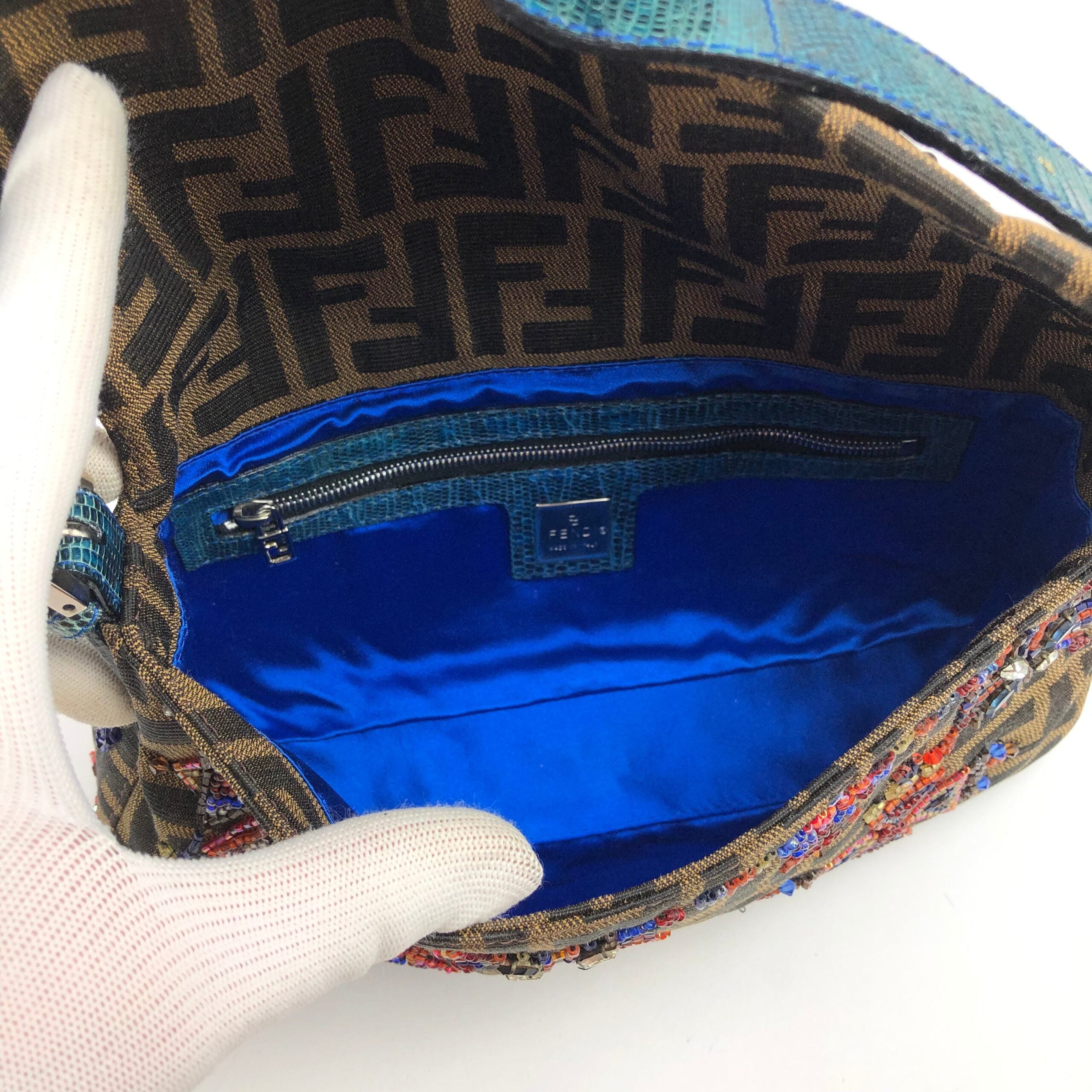 FENDI ZUCCA FLORAL BEADED BAGUETTE BAG WITH EXOTIC LIZARD DETAILING