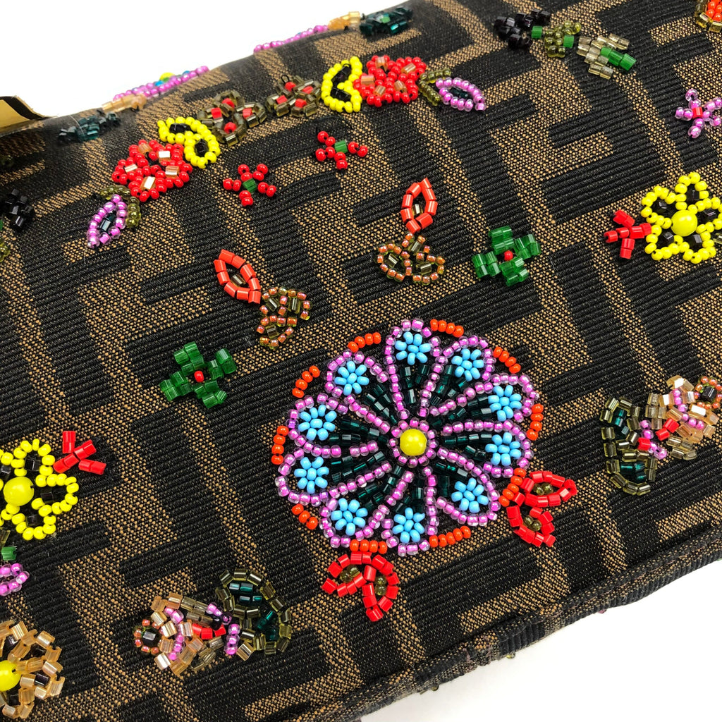 FENDI ZUCCA FLORAL BEADED BAGUETTE BAG WITH EXOTIC LIZARD DETAILING