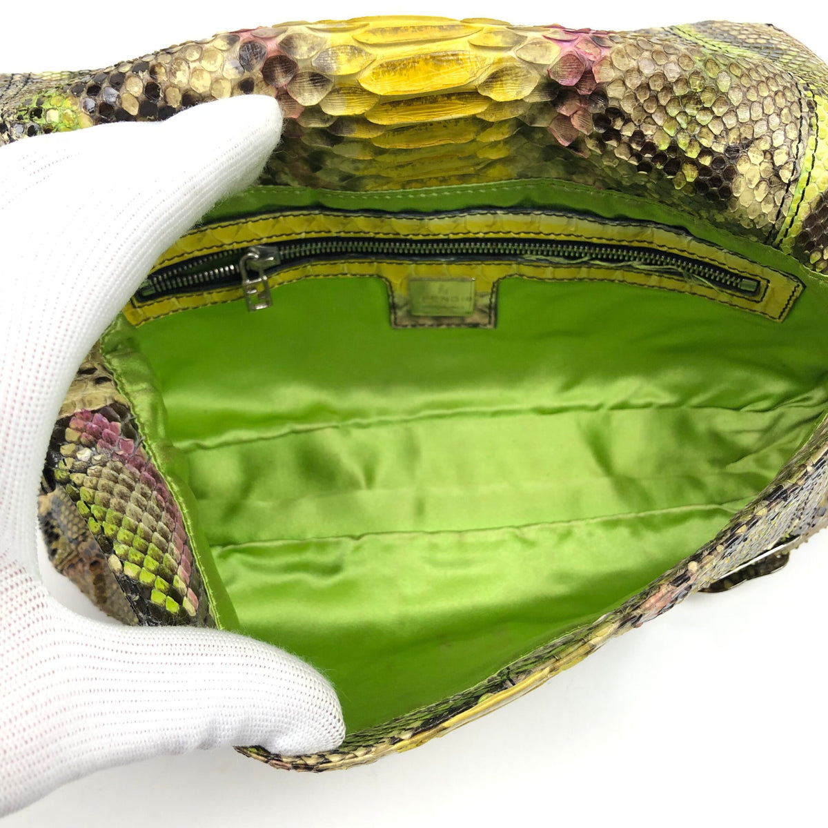 FENDI MULTI COLOUR PYTHON SNAKESKIN BAGUETTE SHOULDER BAG WITH METAL/MIRROR DETAILING