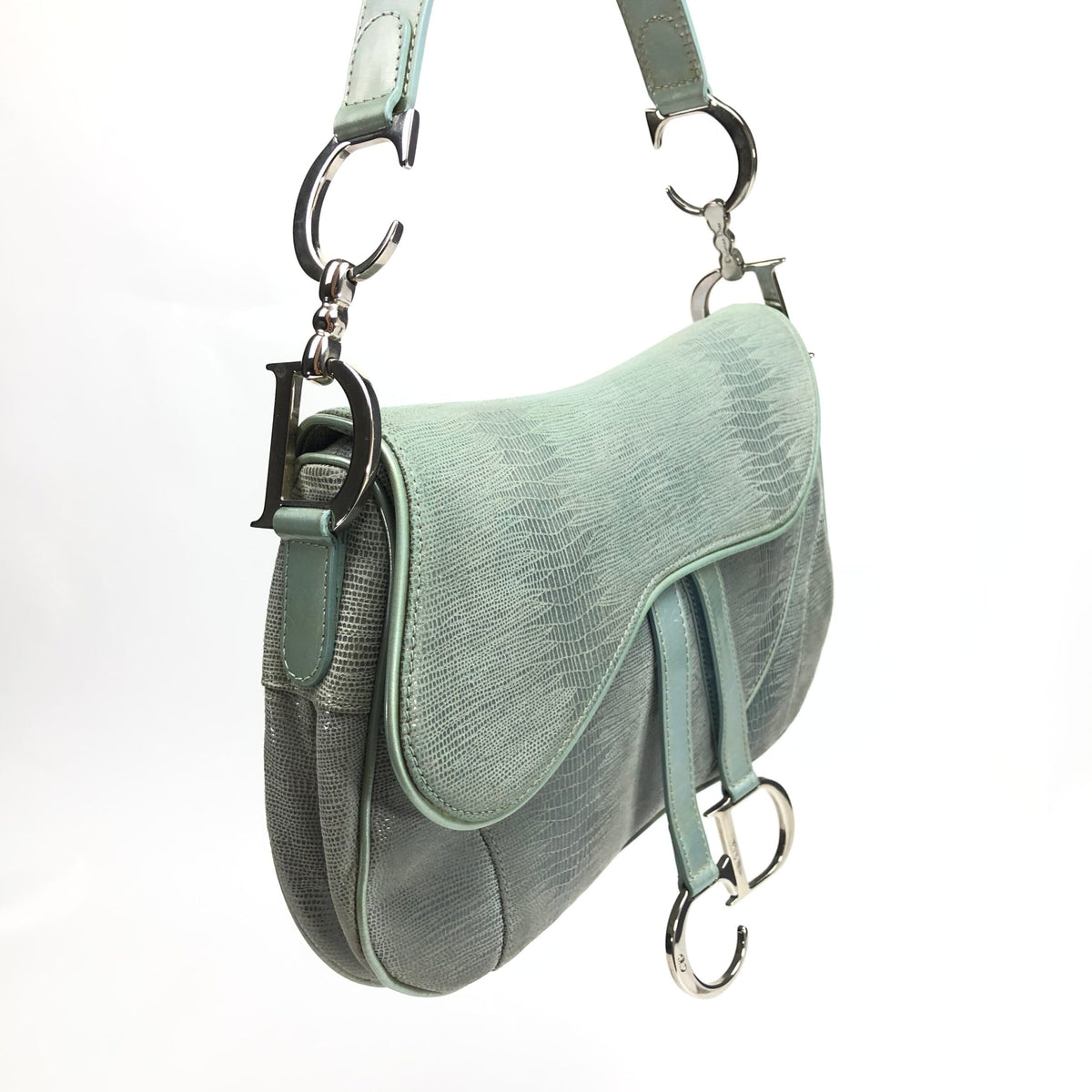 CHRISTIAN DIOR EXOTIC SOFT LIZARD LEATHER DOUBLE SADDLE BAG IN DUCK EGG BLUE