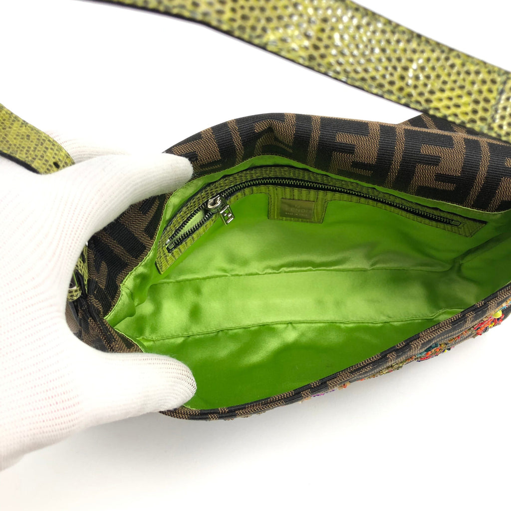 FENDI ZUCCA FLORAL BEADED BAGUETTE BAG WITH EXOTIC LIZARD DETAILING