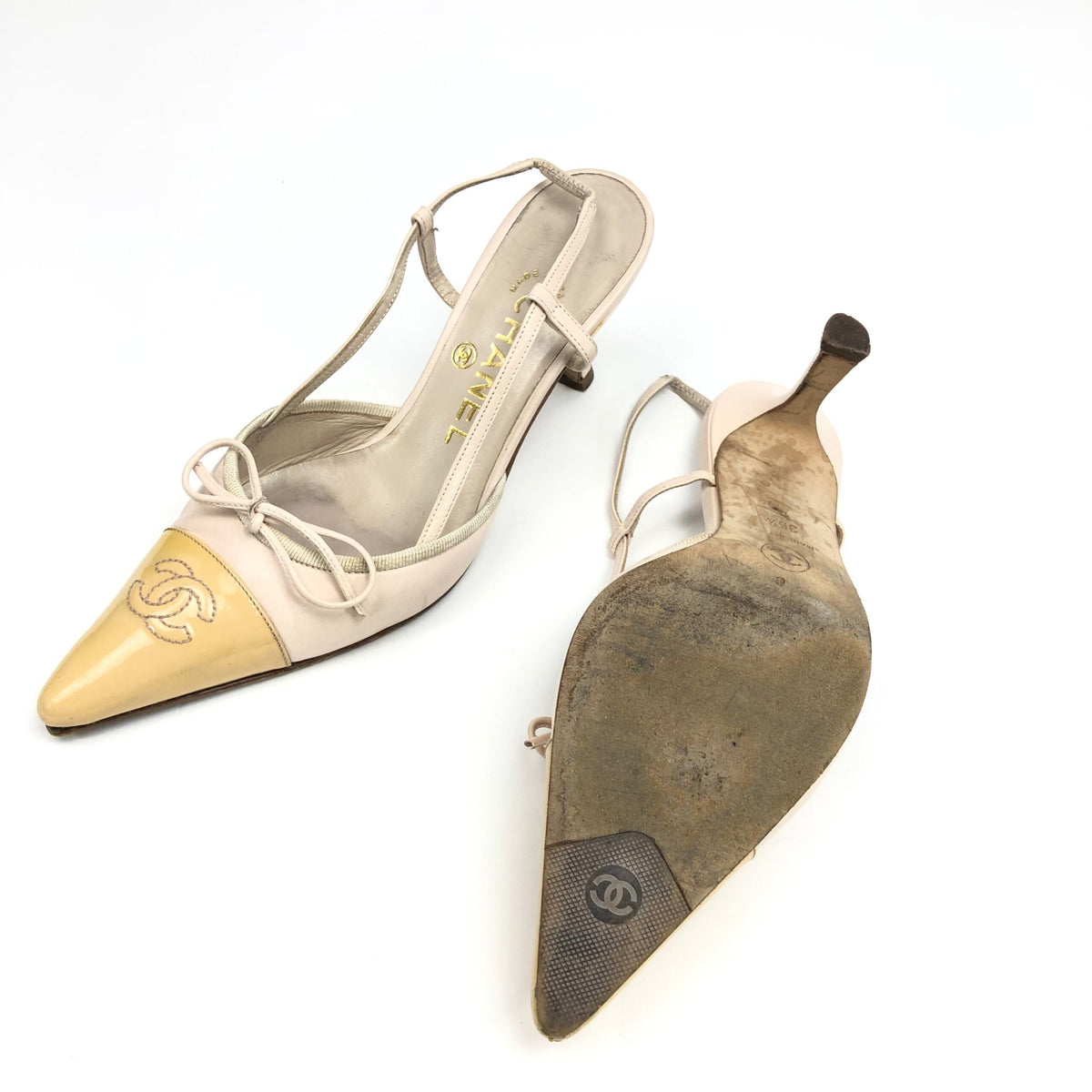 CHANEL LOGO BOW SLING-BACK MULE HEELS -  UK 2.5 / US 4.5 / EU 35.5