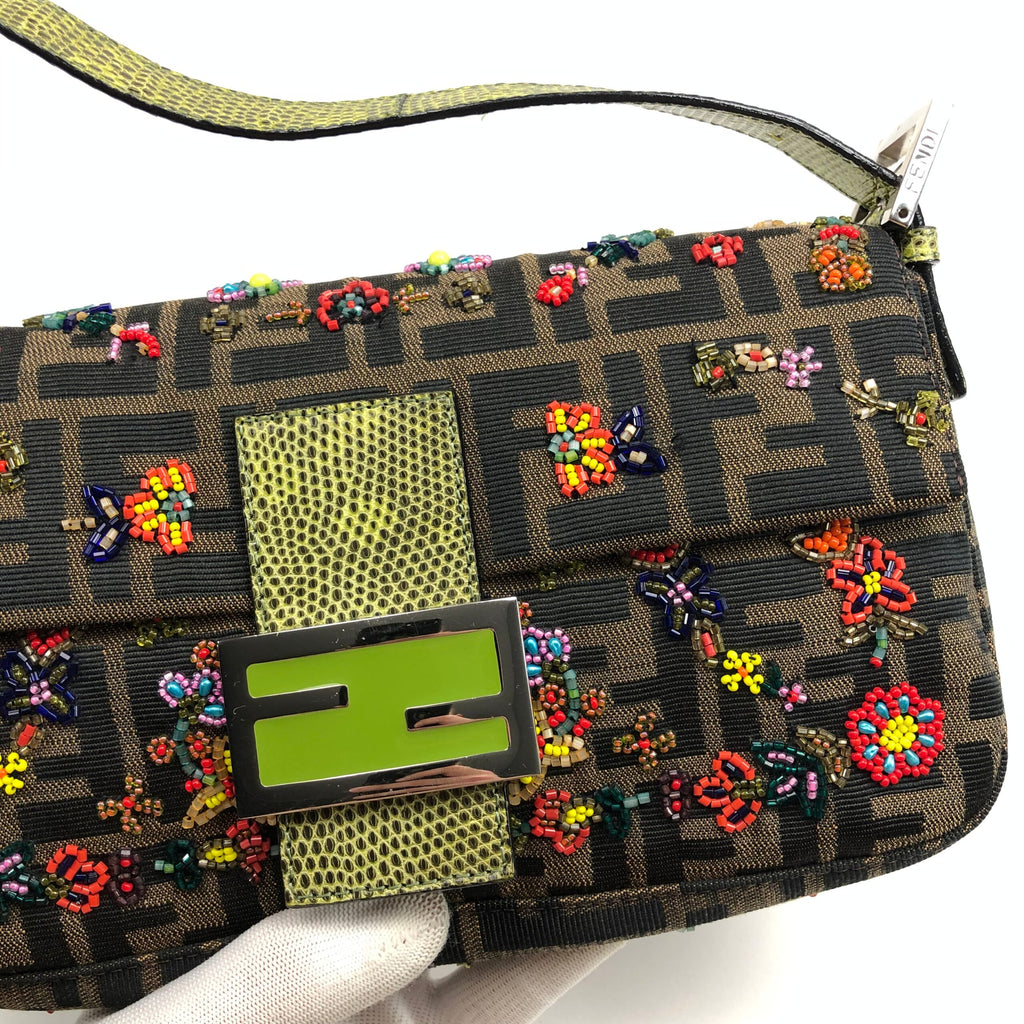 FENDI ZUCCA FLORAL BEADED BAGUETTE BAG WITH EXOTIC LIZARD DETAILING