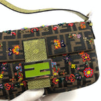 FENDI ZUCCA FLORAL BEADED BAGUETTE BAG WITH EXOTIC LIZARD DETAILING
