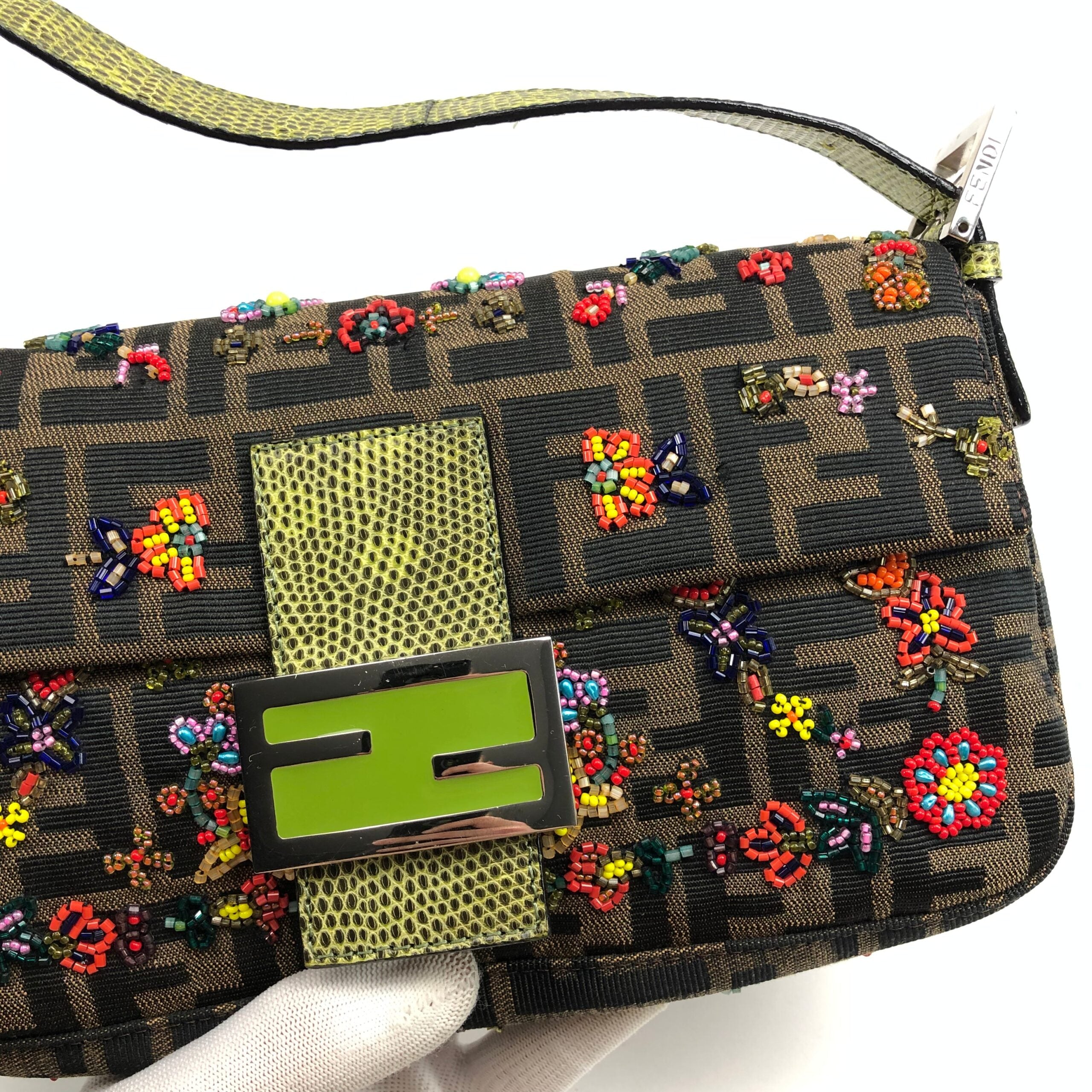 FENDI ZUCCA FLORAL BEADED BAGUETTE BAG WITH EXOTIC LIZARD DETAILING