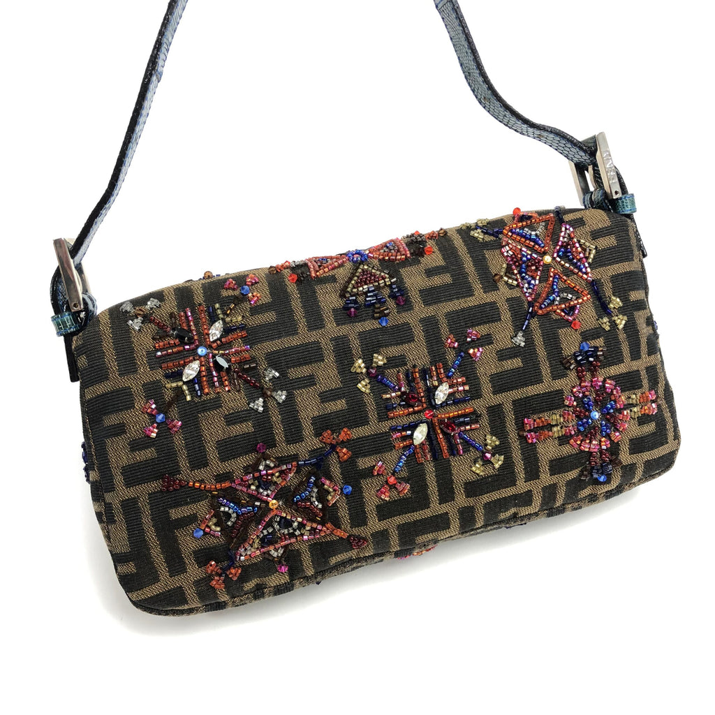FENDI ZUCCA FLORAL BEADED BAGUETTE BAG WITH EXOTIC LIZARD DETAILING