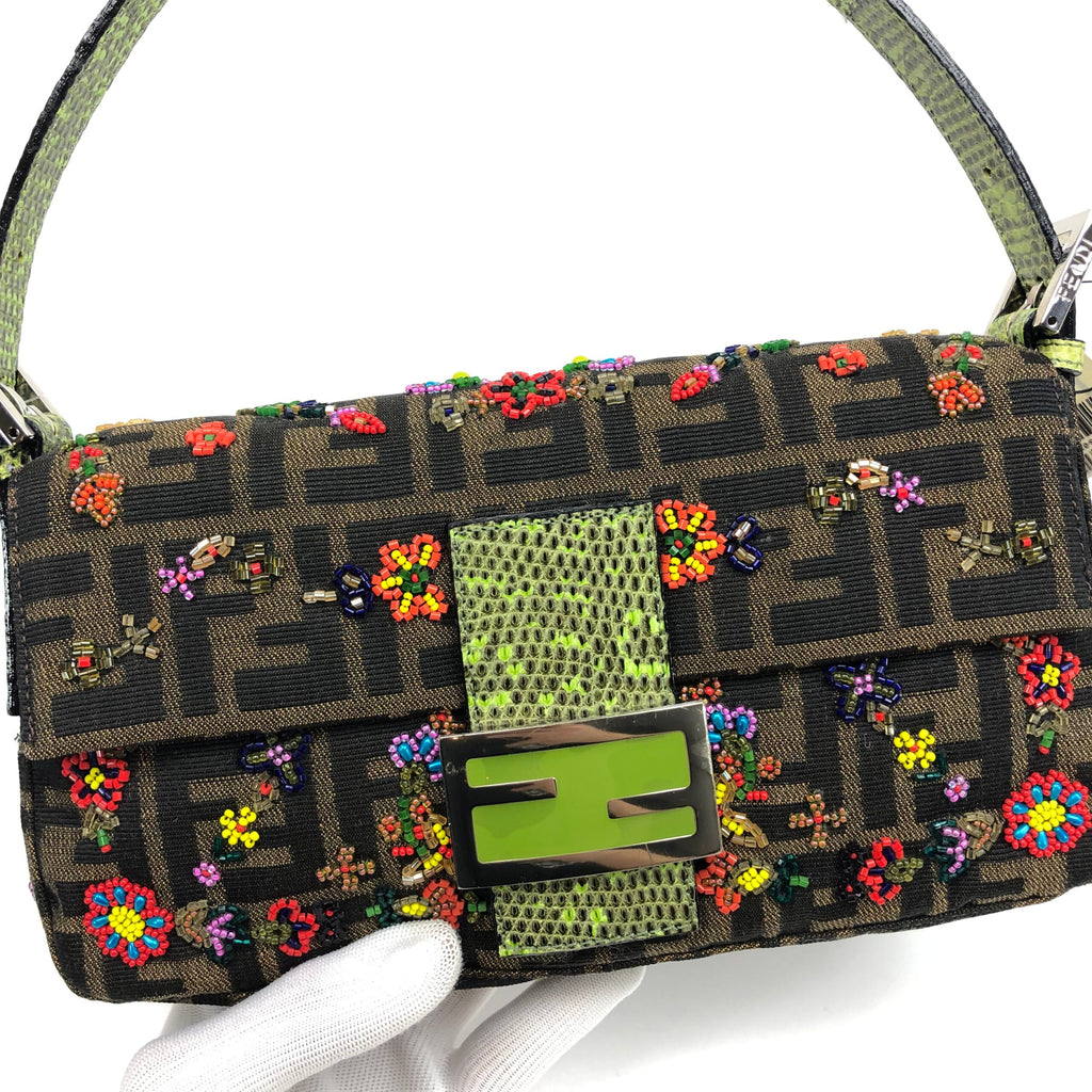 FENDI ZUCCA FLORAL BEADED BAGUETTE BAG WITH EXOTIC LIZARD DETAILING
