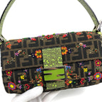 FENDI ZUCCA FLORAL BEADED BAGUETTE BAG WITH EXOTIC LIZARD DETAILING