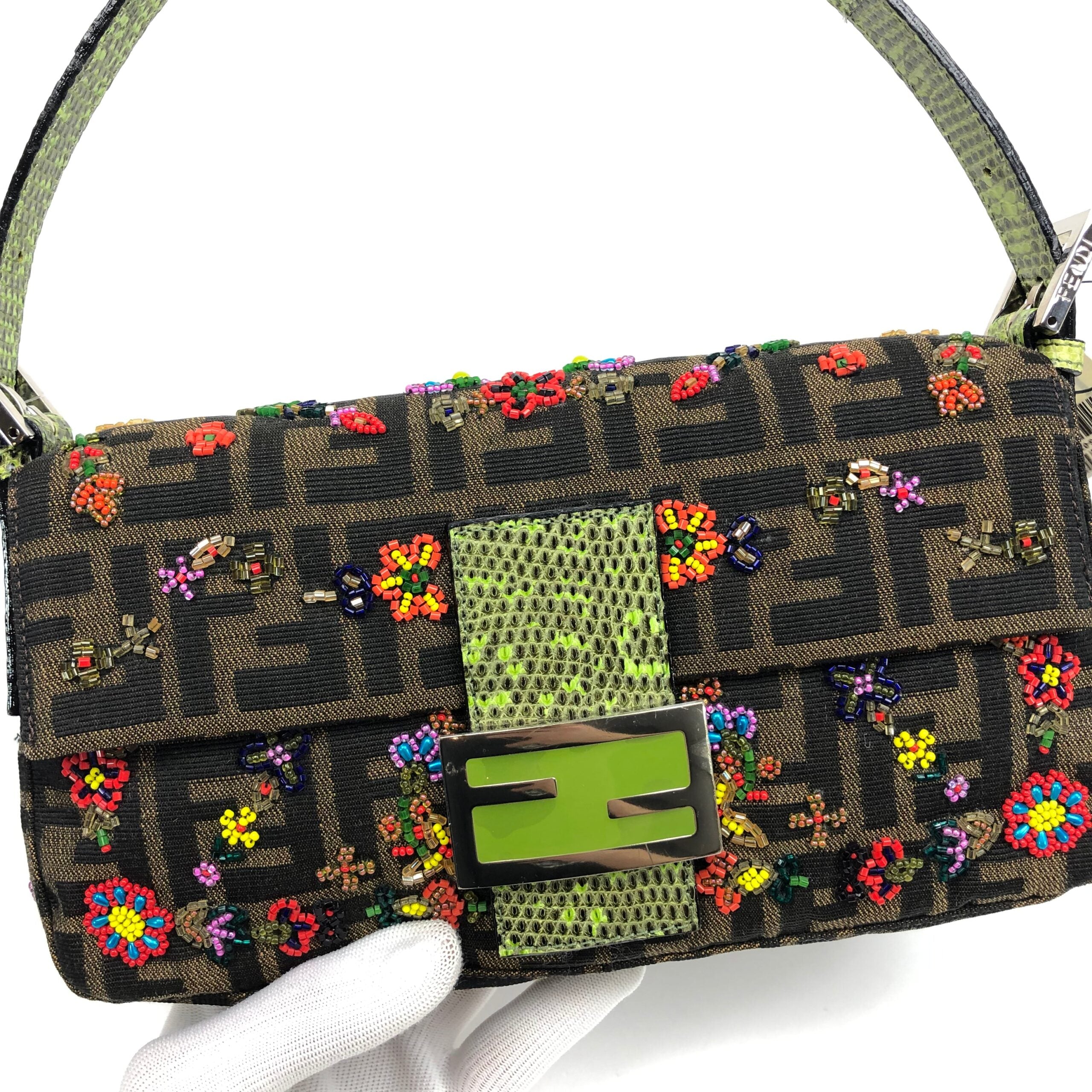 FENDI ZUCCA FLORAL BEADED BAGUETTE BAG WITH EXOTIC LIZARD DETAILING
